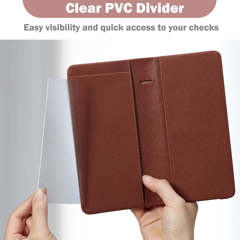 Hot Cool Checkbook Cover with Elastic Band - Premium Leather Clear PVC Divider Durable, Compact, and Multi-Functional Holder Wallet Case for Man and Woman, Cross - Brown - Image 5